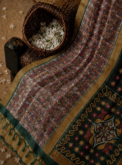 Pure Sico Pochampally Saree in Forest Green with Floral Print & Traditional Pallu Design