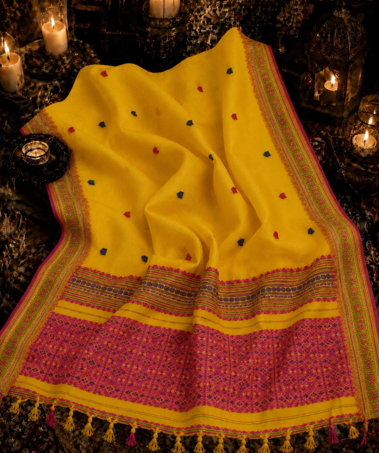 Pure Cotton Weaving Saree in Mustard Yellow with Pink Woven Border & Traditional Buti Motifs
