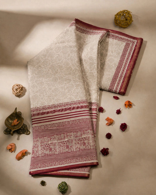 Off White & Maroon Chanderi Cotton Saree with Floral Buta Print and Traditional Woven Border