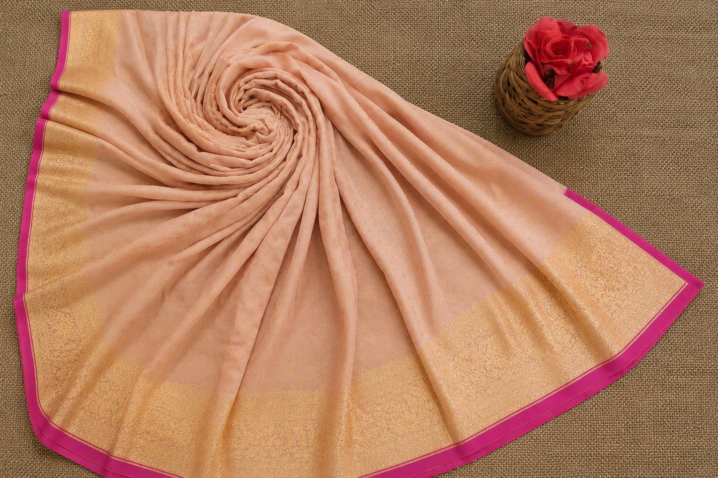 Pure Katan Banarasi Saree in Blush Pink with Gold Zari Border & Magenta Edge