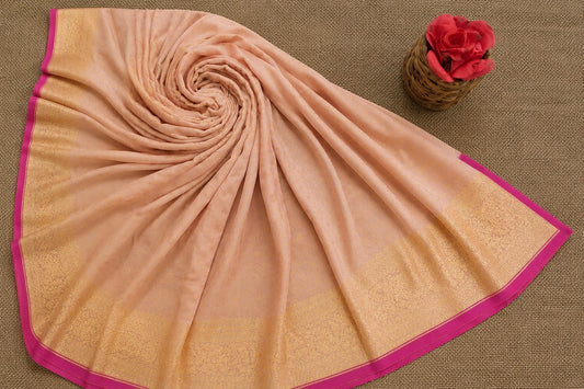 Pure Katan Banarasi Saree in Blush Pink with Gold Zari Border & Magenta Edge