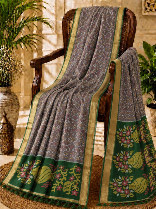 Pure Sico Pochampally Saree in Grey Floral Weave with Green Traditional Border