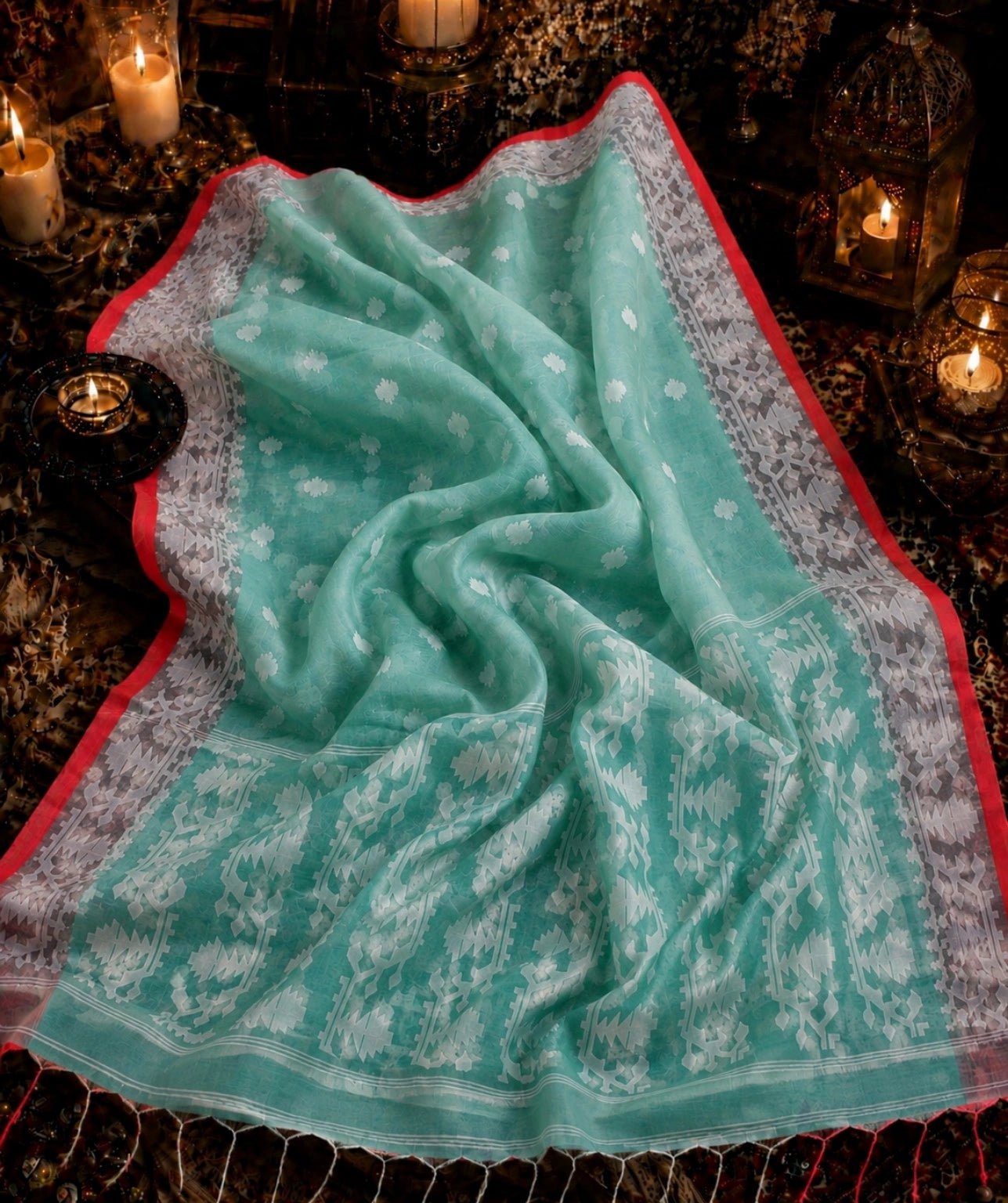 Sea Green Muslin Jamdani Saree with White Floral Buti & Traditional Woven Pallu