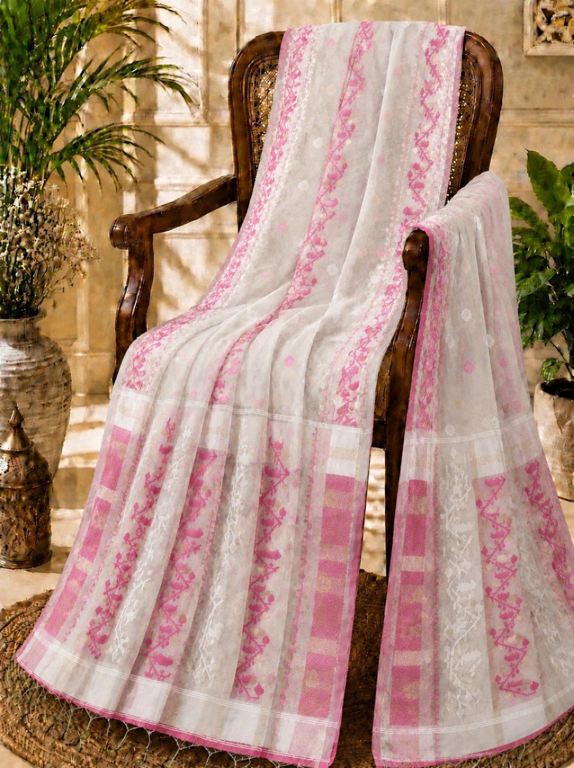 Off White & Pink Muslin Jamdani Saree with Floral Vine Woven Design and Contrast Border