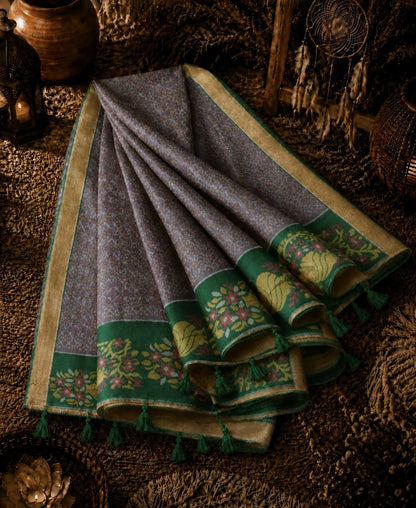 Pure Sico Pochampally Saree in Grey Floral Weave with Green Traditional Border