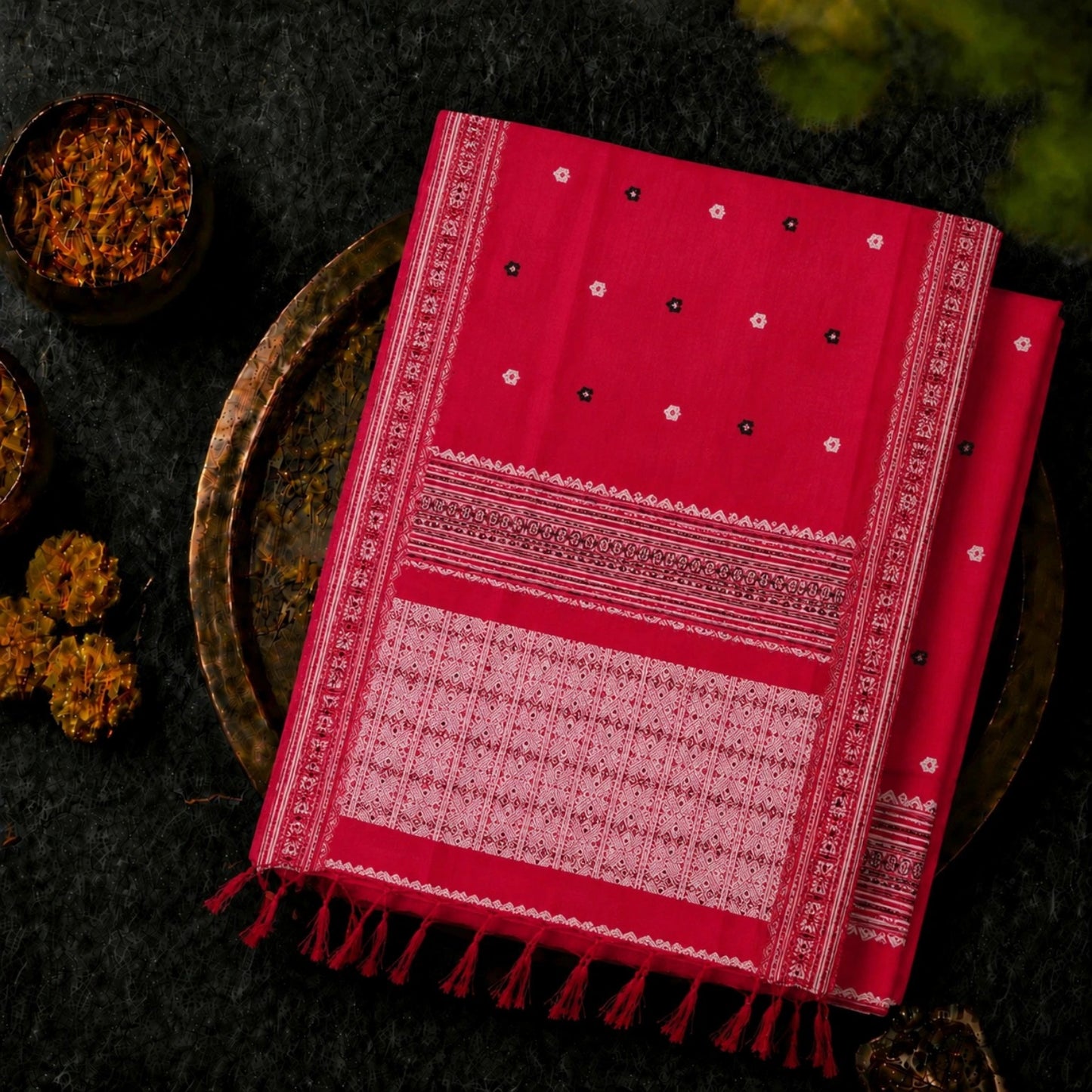 Pure Cotton Weaving Saree in Red with Traditional White Woven Border & Floral Buti Work