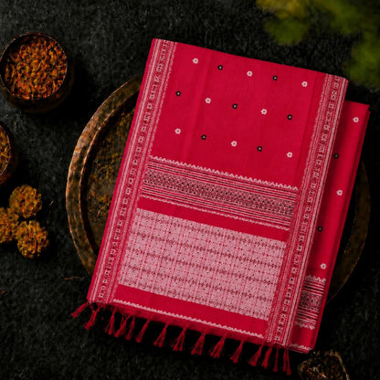 Pure Cotton Weaving Saree in Red with Traditional White Woven Border & Floral Buti Work