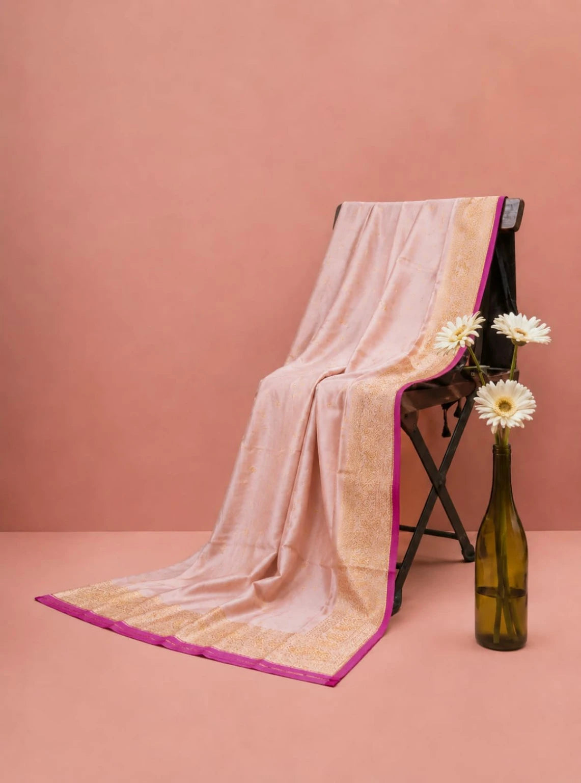 Pure Katan Banarasi Saree in Blush Pink with Gold Zari Border & Magenta Edge