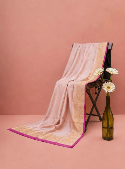 Pure Katan Banarasi Saree in Blush Pink with Gold Zari Border & Magenta Edge