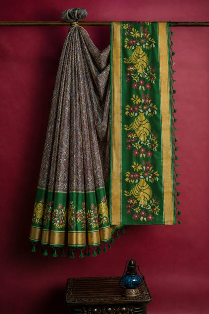 Pure Sico Pochampally Saree in Grey Floral Weave with Green Traditional Border