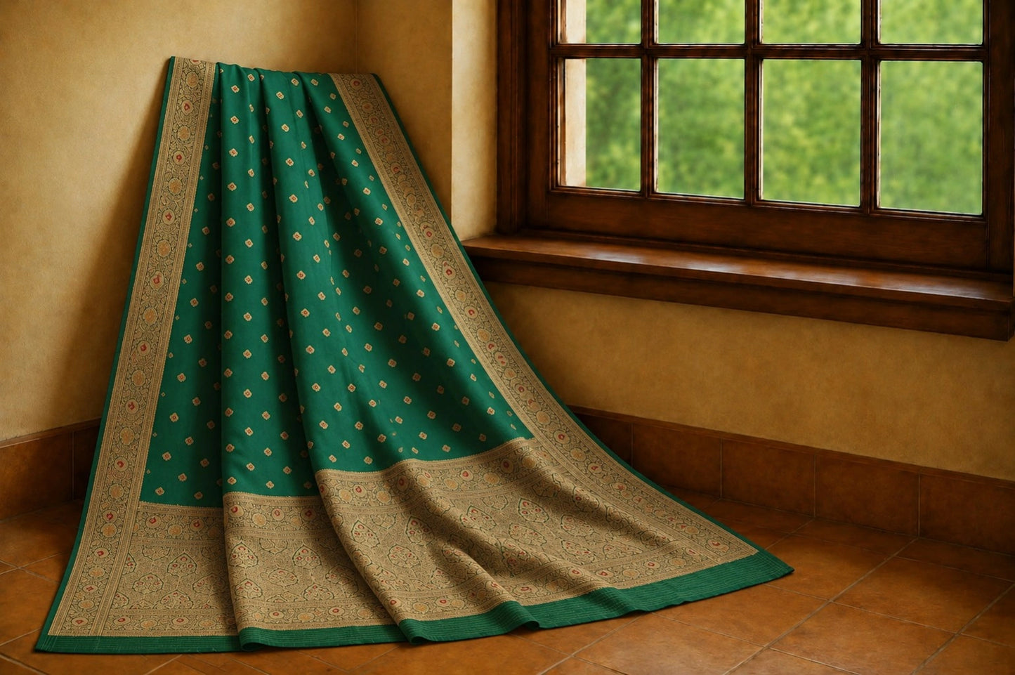 Emerald Green Katan Paithani Silk Minakari Saree with Rich Zari Floral Border & Traditional Woven Pallu
