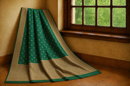 Emerald Green Katan Paithani Silk Minakari Saree with Rich Zari Floral Border & Traditional Woven Pallu