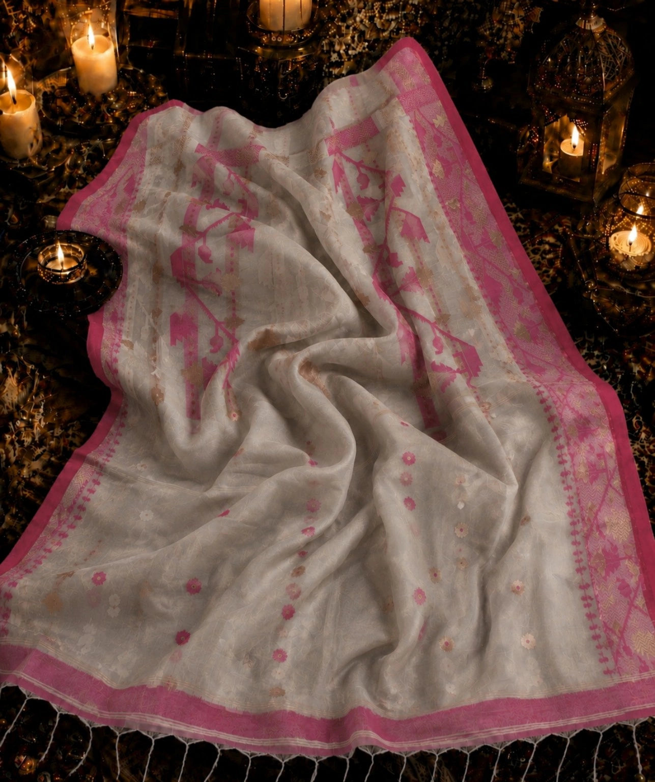 Off White & Pink Muslin Jamdani Saree with Floral Buti and Geometric Woven Border