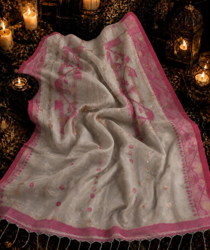 Off White & Pink Muslin Jamdani Saree with Floral Buti and Geometric Woven Border