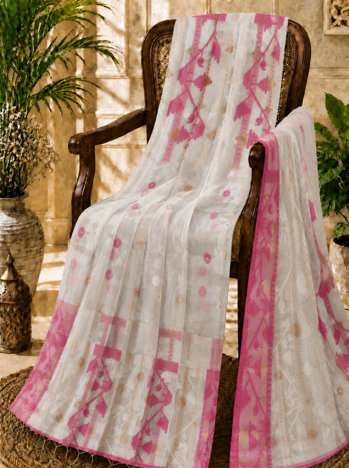 Off White & Pink Muslin Jamdani Saree with Floral Buti and Geometric Woven Border