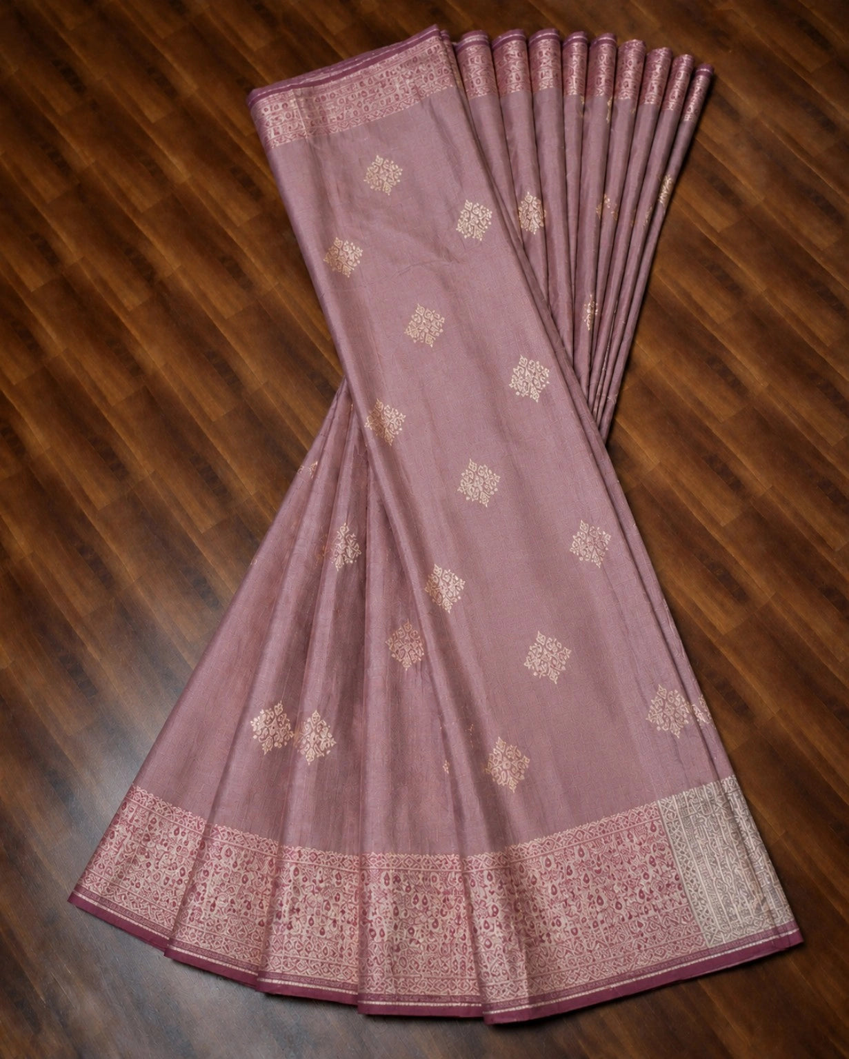 Dusty Mauve Katan Silk Ganga Jamuna Border Saree with Woven Floral Buti Design