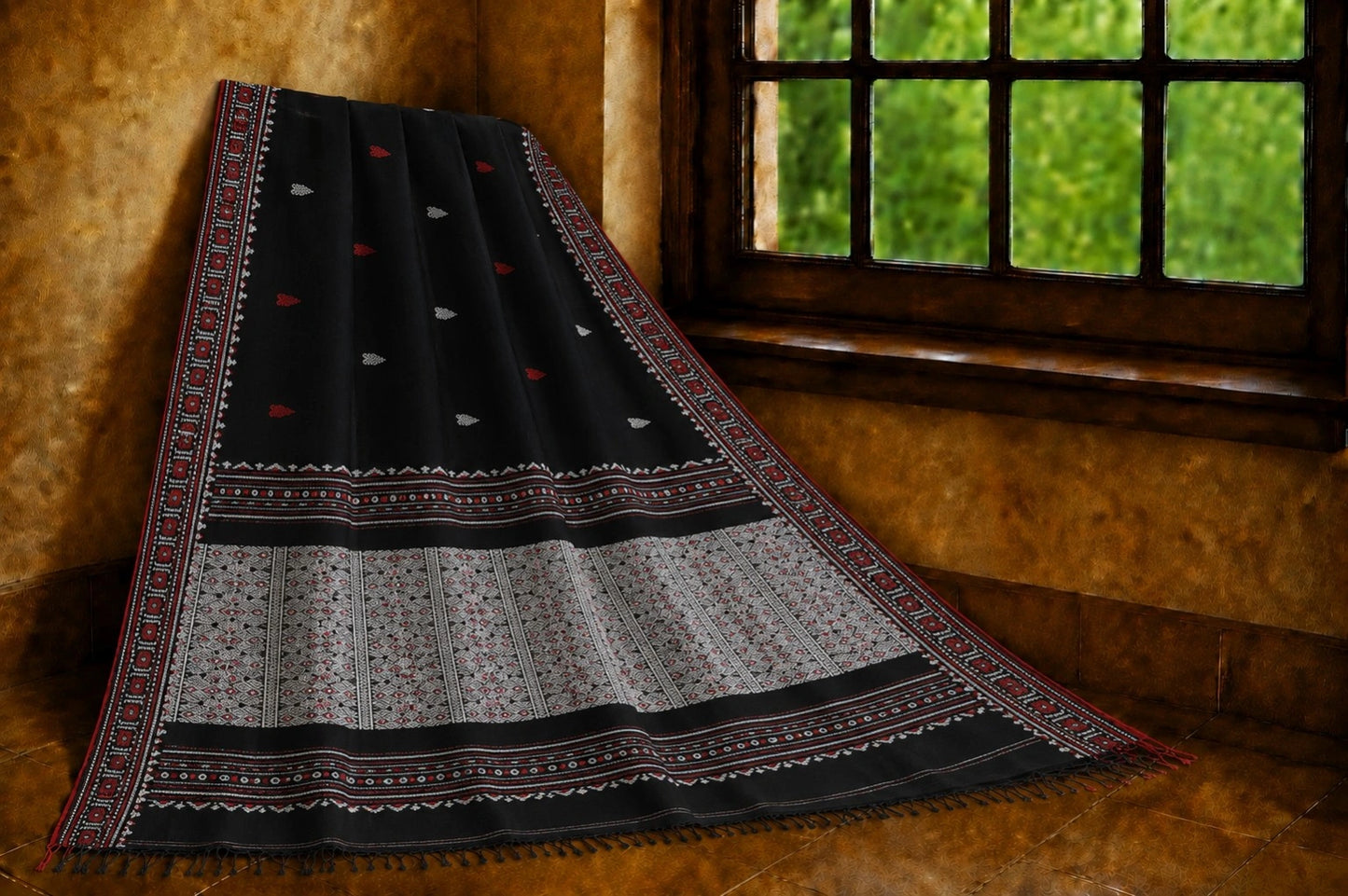Black Dongiya Khadi Saree with Traditional Woven Border & Tribal-Inspired Pallu Design