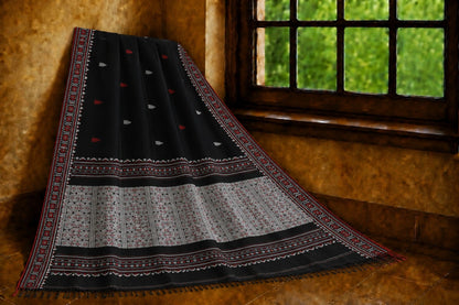 Black Dongiya Khadi Saree with Traditional Woven Border & Tribal-Inspired Pallu Design