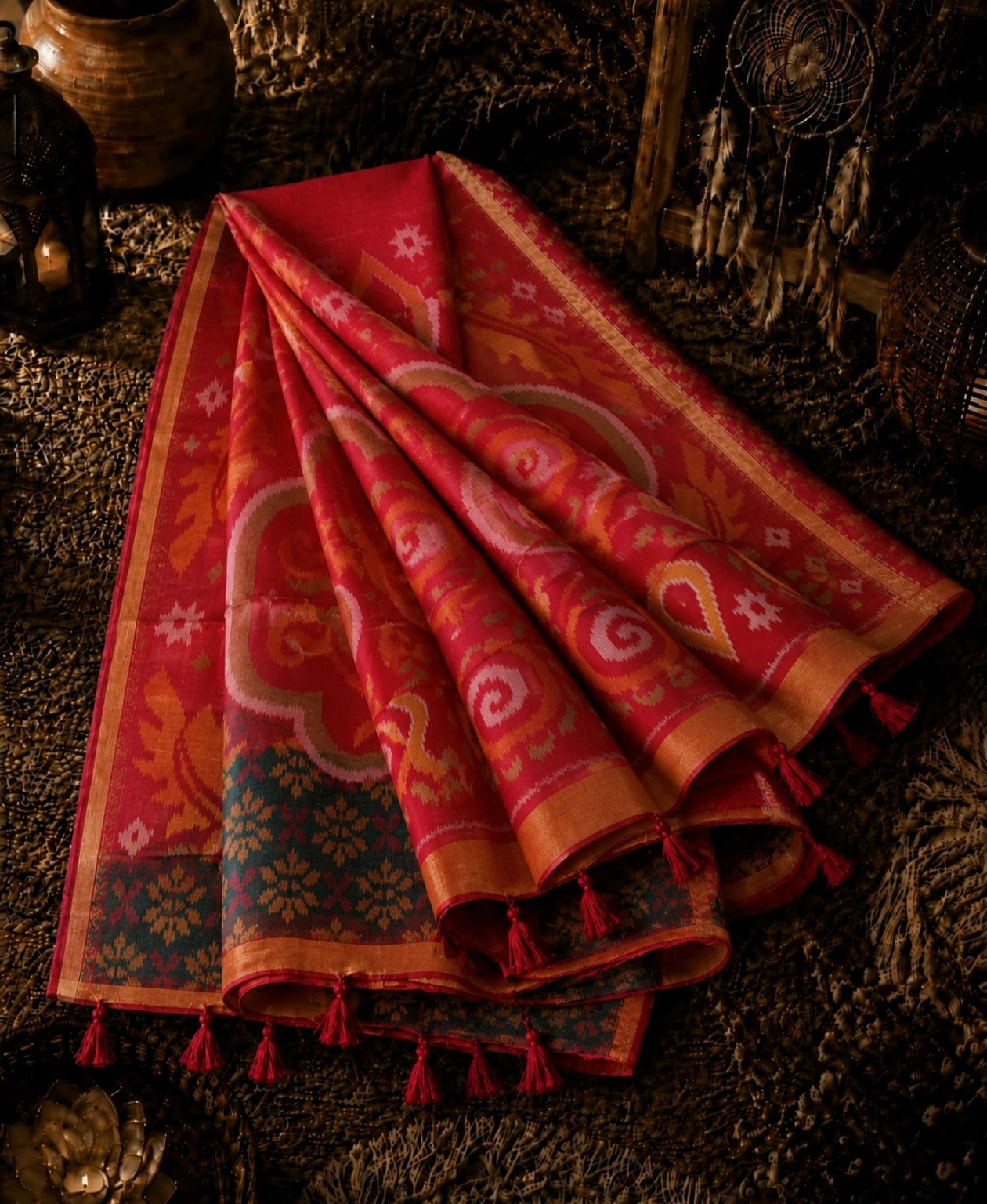 Red & Navy Blue Sico Pochampally Saree with Ikat Floral Pallu and Zari Border