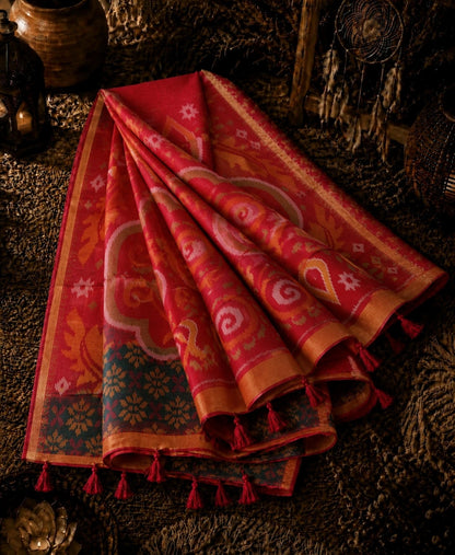 Red & Navy Blue Sico Pochampally Saree with Ikat Floral Pallu and Zari Border