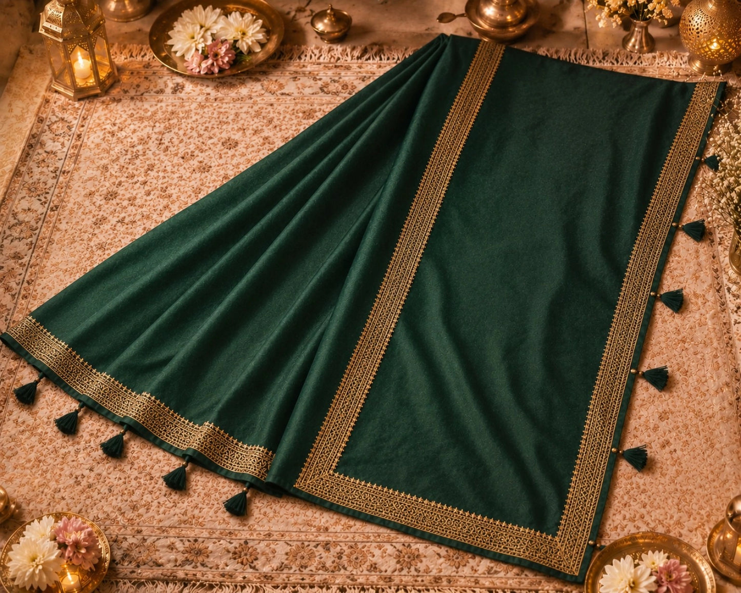 Dark Emerald Green Soft Vichitr Silk Saree with Golden Woven Border & Tassel Pallu