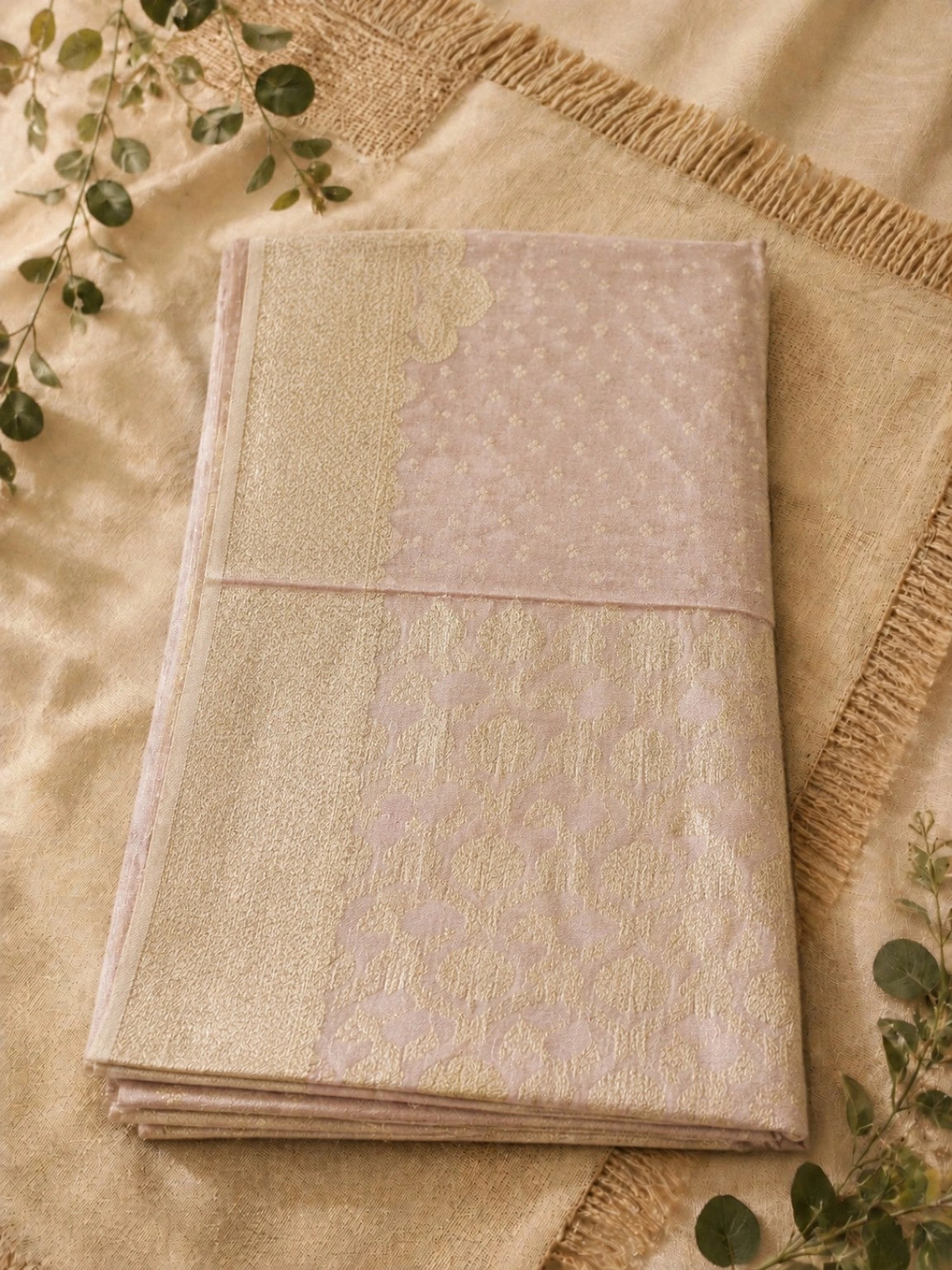 Pure Chandari Khadi Benarasi Saree in Blush Pink with Gold Woven Border & Buti Design