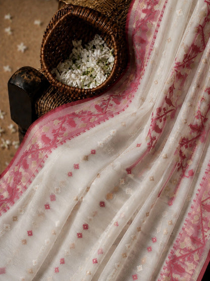 White & Pink Muslin Jamdani Saree with Traditional Woven Floral Border