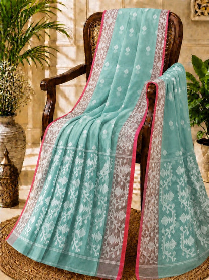 Sea Green Muslin Jamdani Saree with White Floral Buti & Traditional Woven Pallu