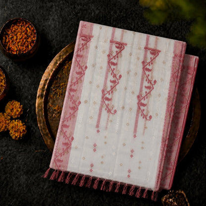 White & Pink Muslin Jamdani Saree with Traditional Woven Floral Border
