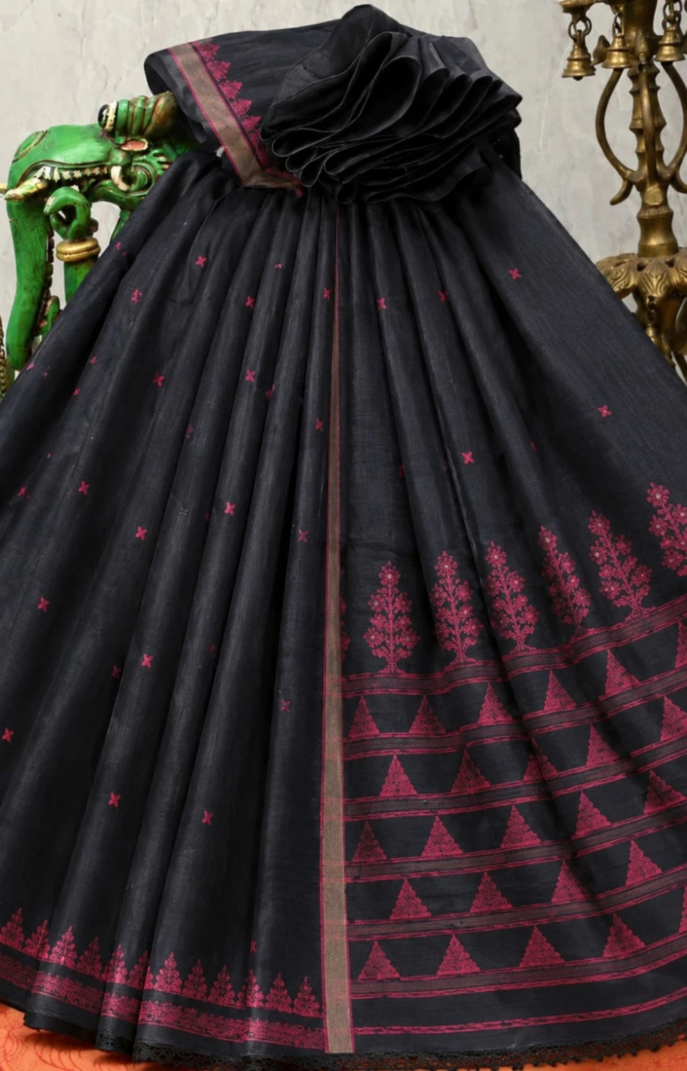 Black Cotton Tangail Handloom Saree with Magenta Tree Motif Border