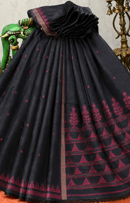 Black Cotton Tangail Handloom Saree with Magenta Tree Motif Border