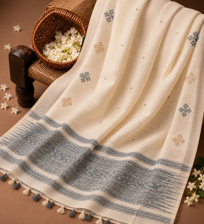 Off White Handloom Jamdani Saree with Blue Woven Border & Traditional Buti Motifs