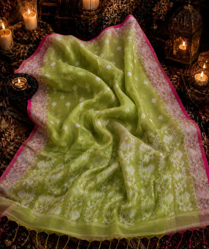 Lime Green Muslin Jamdani Saree with White Traditional Woven Motifs & Pink Border
