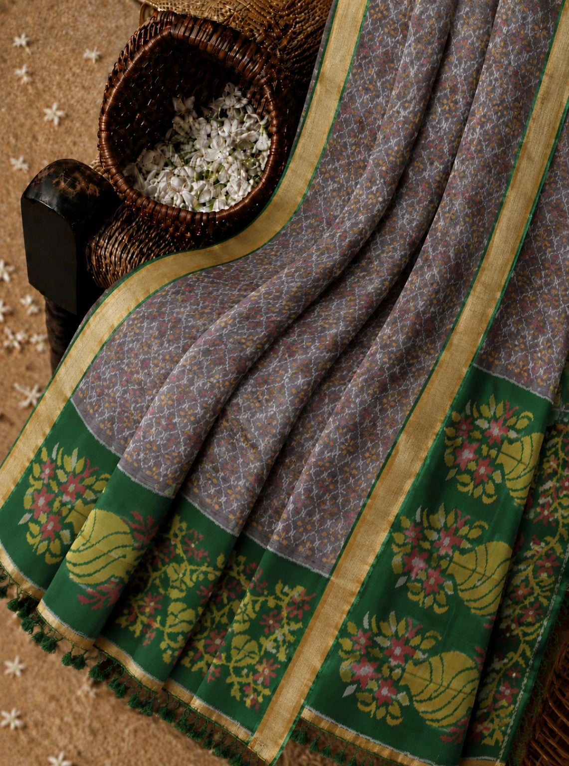 Pure Sico Pochampally Saree in Grey Floral Weave with Green Traditional Border