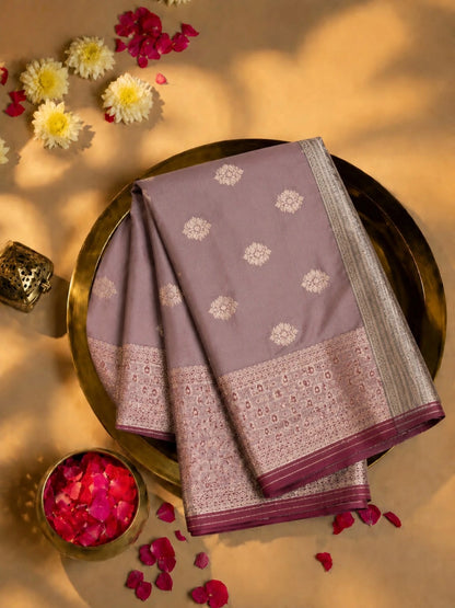 Dusty Mauve Katan Silk Ganga Jamuna Border Saree with Woven Floral Buti Design
