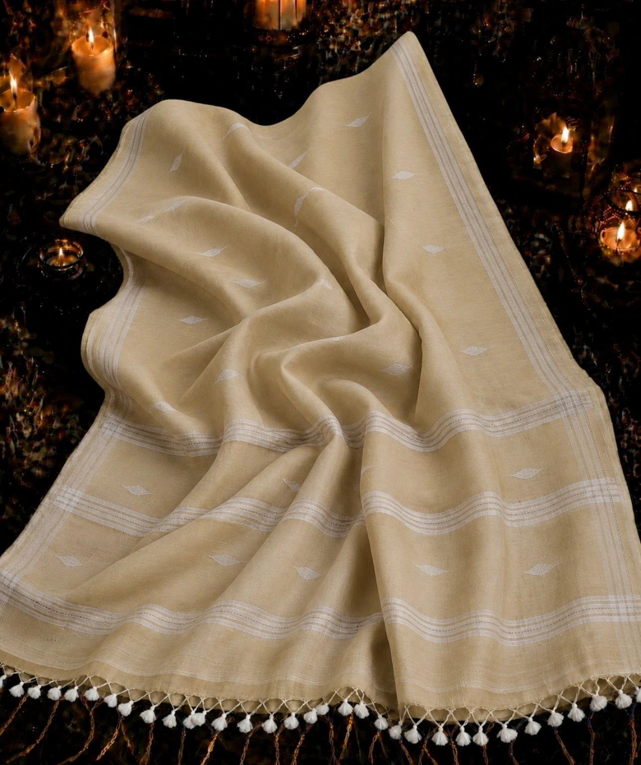 Beige Pure Mul Cotton Hand Weaving Jamdani Buta Saree with White Woven Stripes & Tassel Pallu