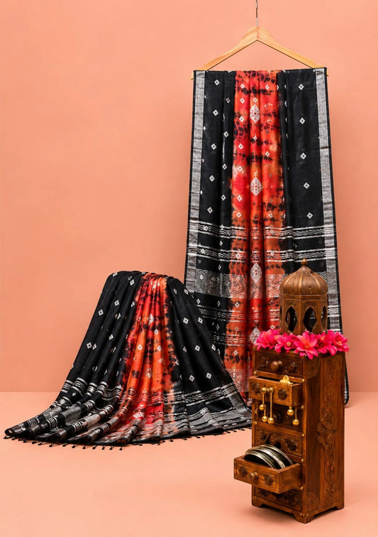 Black & Rust Bandhej Print Linen Saree with Silver Woven Border