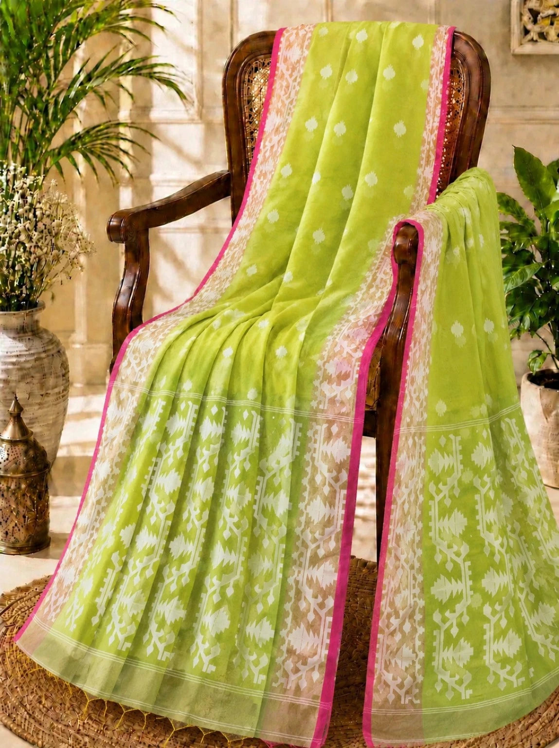 Lime Green Muslin Jamdani Saree with White Traditional Woven Motifs & Pink Border