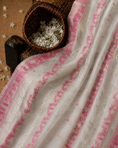 Off White & Pink Muslin Jamdani Saree with Floral Vine Woven Design and Contrast Border