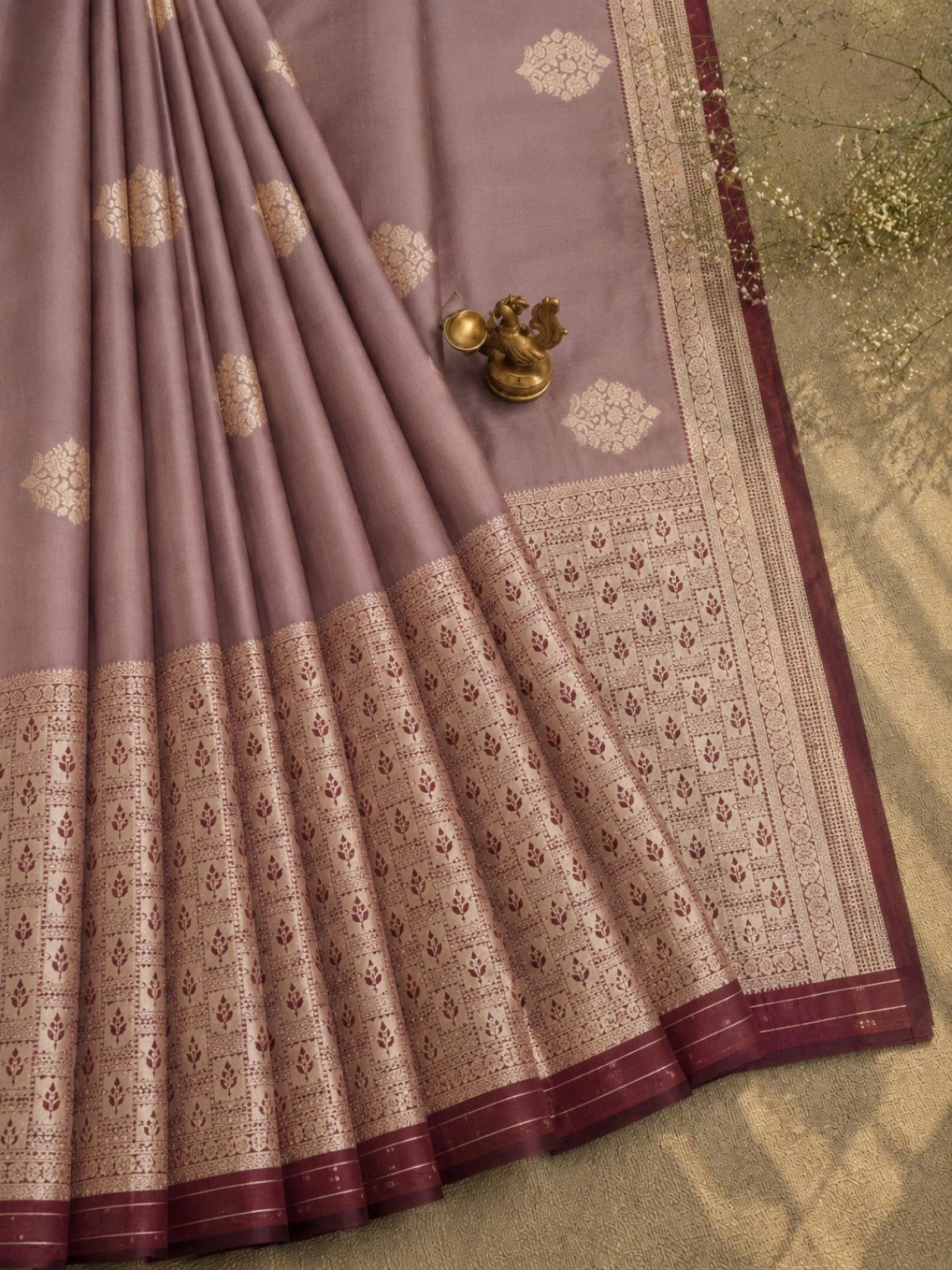 Dusty Mauve Katan Silk Ganga Jamuna Border Saree with Woven Floral Buti Design