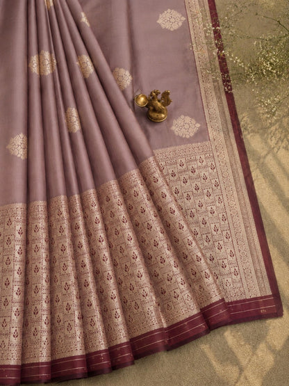 Dusty Mauve Katan Silk Ganga Jamuna Border Saree with Woven Floral Buti Design