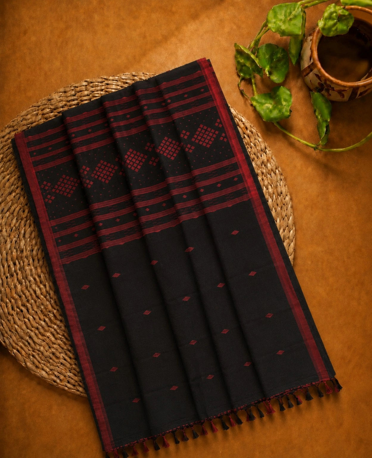 Black & Deep Red Pure Cotton Jamdani Saree with Traditional Geometric Woven Motifs