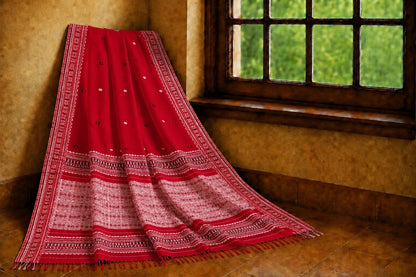 Pure Cotton Weaving Saree in Red with Traditional White Woven Border & Floral Buti Work