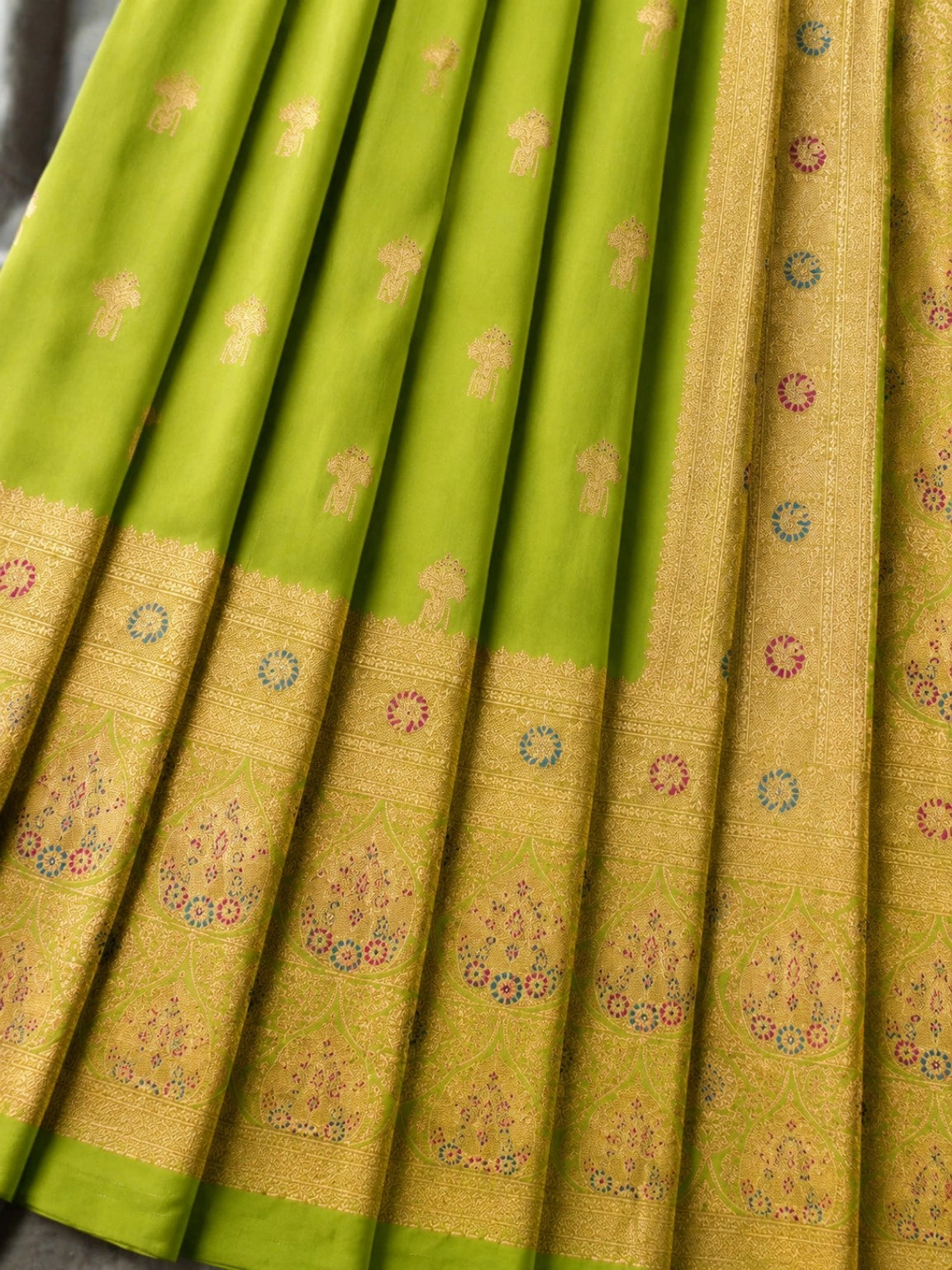 Lime Green Semi Katan Kanjivaram Silk Saree with Gold Zari Floral Border