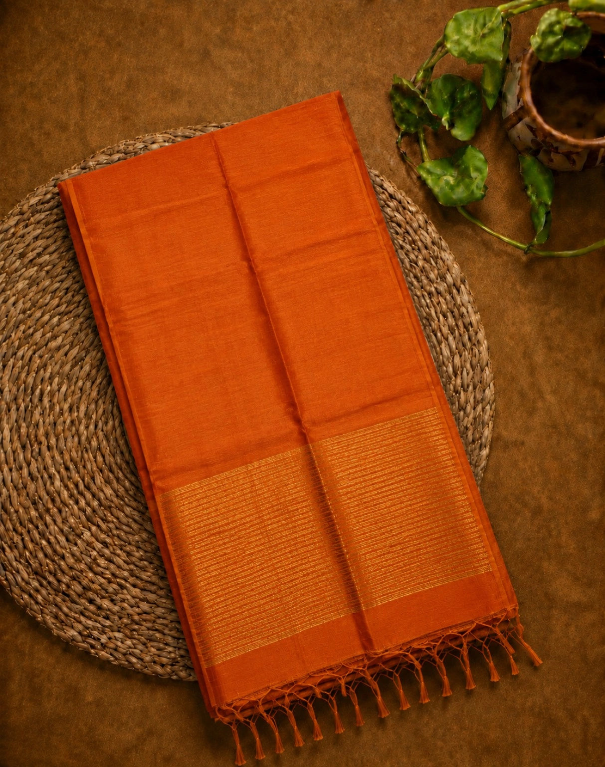 Burnt Orange Linen Zari Saree with Gold Woven Border & Tassel Pallu