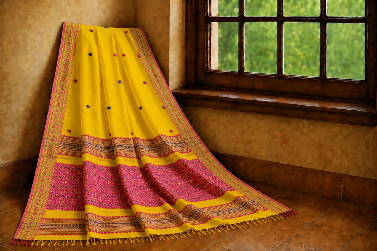 Pure Cotton Weaving Saree in Mustard Yellow with Pink Woven Border & Traditional Buti Motifs