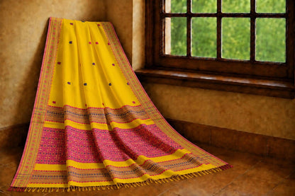 Pure Cotton Weaving Saree in Mustard Yellow with Pink Woven Border & Traditional Buti Motifs