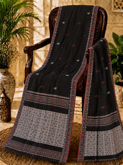 Black Dongiya Khadi Saree with Traditional Woven Border & Tribal-Inspired Pallu Design