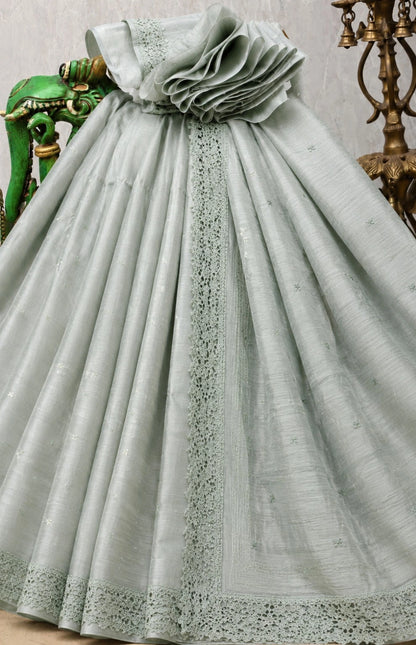 Sage Green Tussar Silk Cut Work Border Saree with Delicate Floral Embroidery