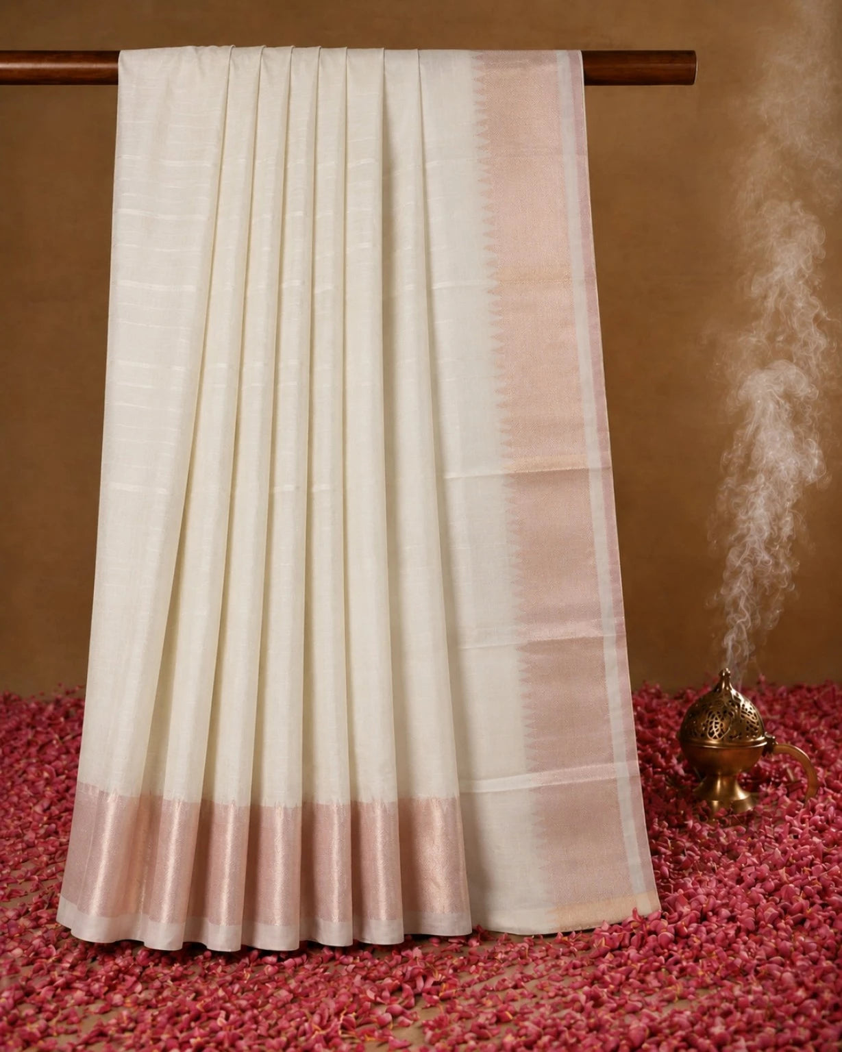 Off-White Mangalgiri Saree with Rose Gold Zari Border